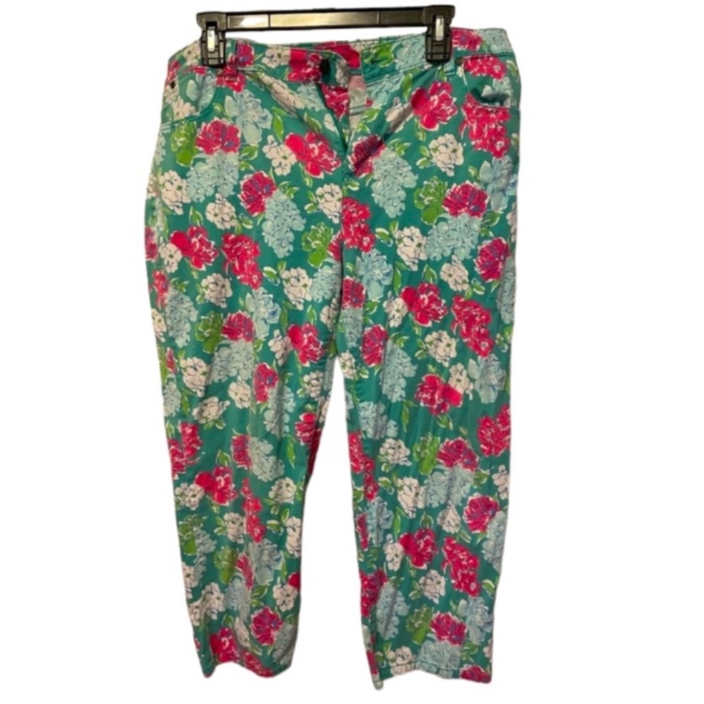 Talbots Hydrangea Floral Stretch Cotton Capris Green and Pink with Pockets/Loops